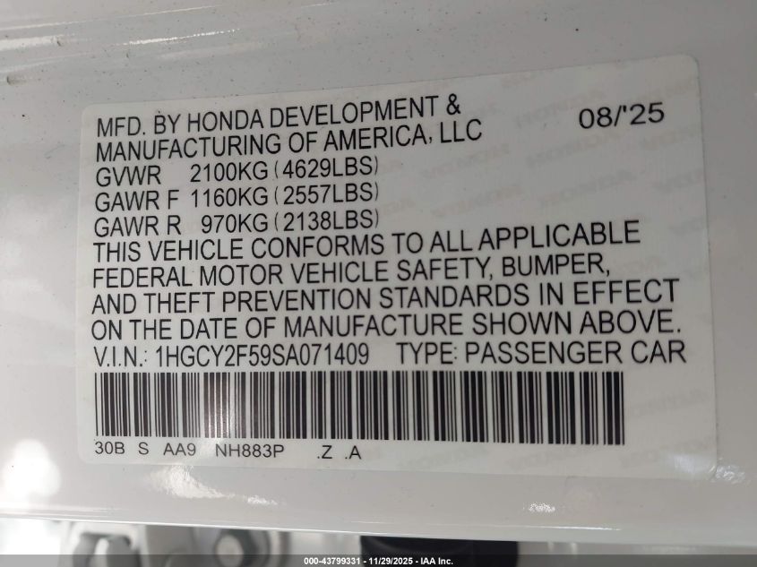 2025 Honda Accord Hybrid Sport VIN: 1HGCY2F59SA071409 Lot: 43799331