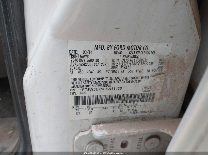 2015 Ford F-350 Lariat VIN: 1FT8W3BT9FEA11438 Lot: 43799336