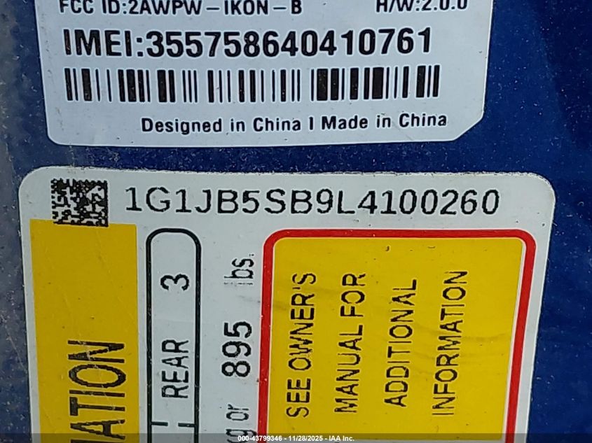 2020 Chevrolet Sonic Fwd Ls VIN: 1G1JB5SB9L4100260 Lot: 43799346