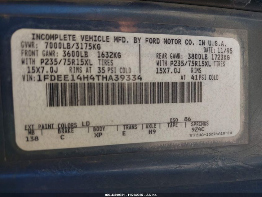 1996 Ford Econoline E150 Van VIN: 1FDEE14H4THA39334 Lot: 43799351