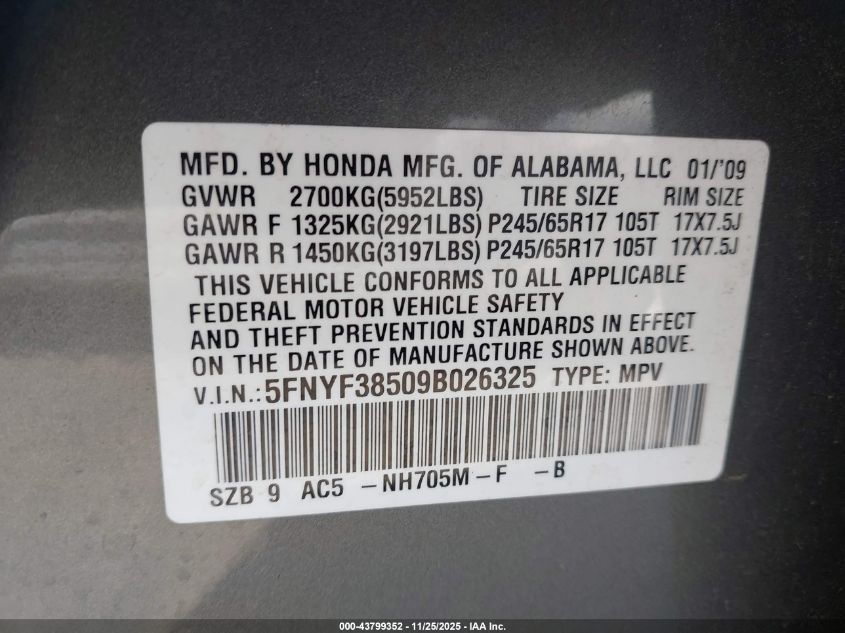 2009 Honda Pilot Ex-L VIN: 5FNYF38509B026325 Lot: 43799352