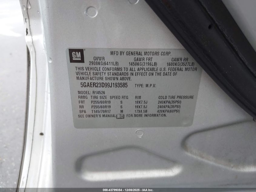 2009 Buick Enclave Cxl VIN: 5GAER23D99J193585 Lot: 43799354