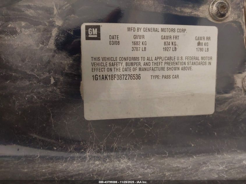 2008 Chevrolet Cobalt Ls VIN: 1G1AK18F387276536 Lot: 43799386