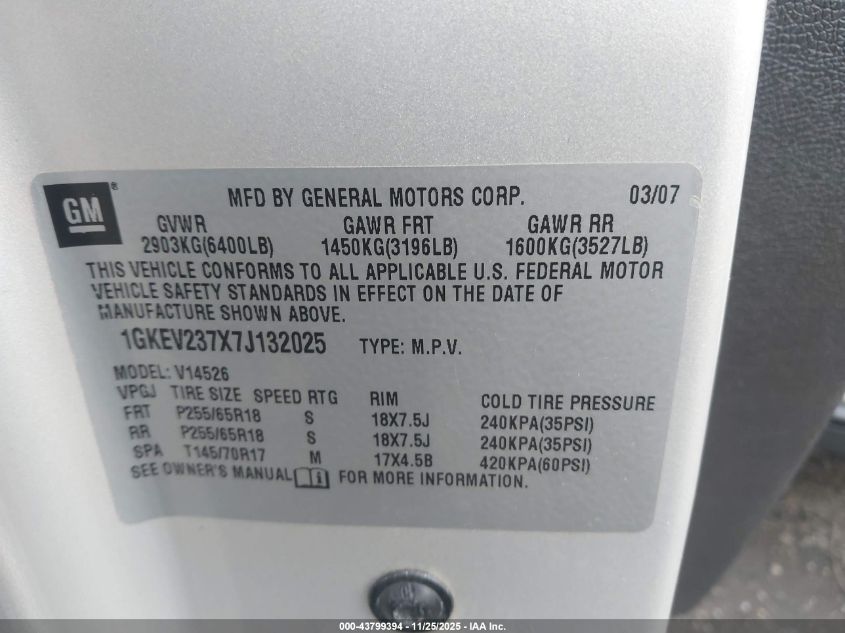 2007 GMC Acadia Slt-1 VIN: 1GKEV237X7J132025 Lot: 43799394