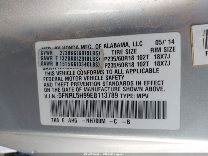 2014 Honda Odyssey Touring/Touring Elite VIN: 5FNRL5H99EB113789 Lot: 43799402