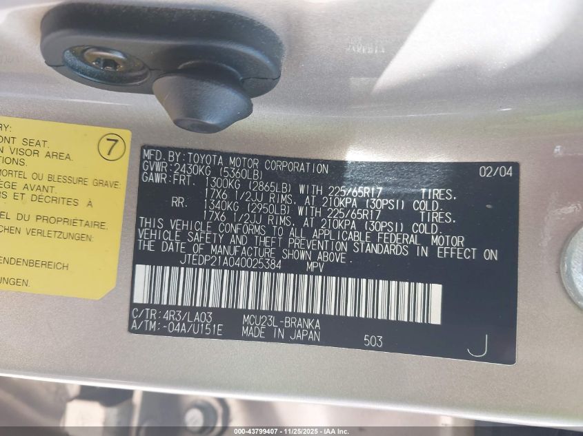 2004 Toyota Highlander Limited V6 VIN: JTEDP21A040025384 Lot: 43799407