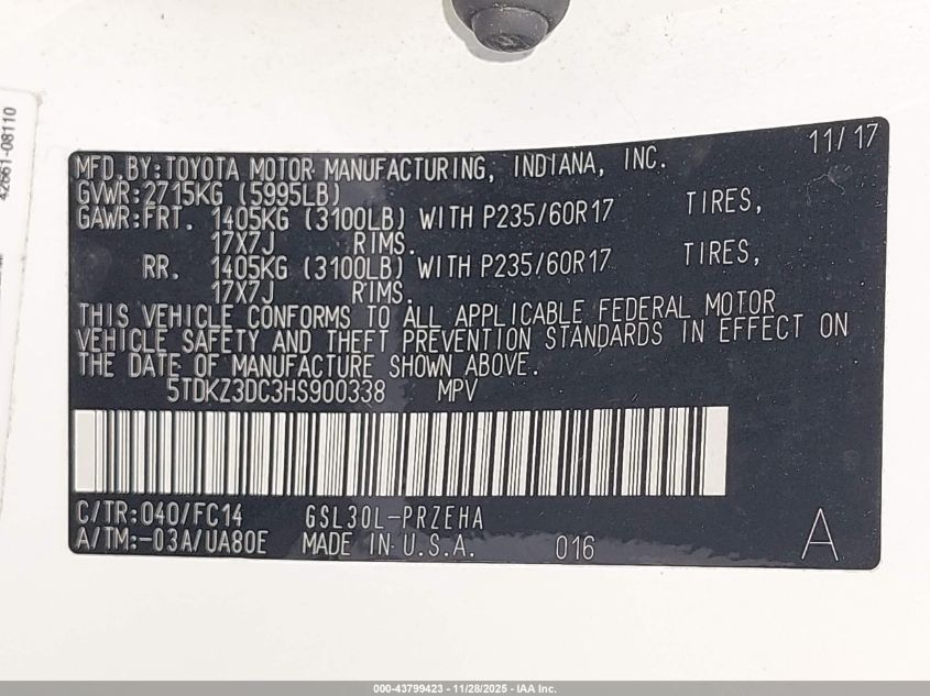 2017 Toyota Sienna Le 8 Passenger VIN: 5TDKZ3DC3HS900338 Lot: 43799423