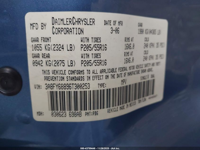 2006 Chrysler Pt Cruiser Limited VIN: 3A8FY68896T300253 Lot: 43799446