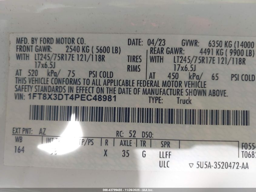 2023 Ford Super Duty F-350 Drw Lariat VIN: 1FT8X3DT4PEC48981 Lot: 43799455