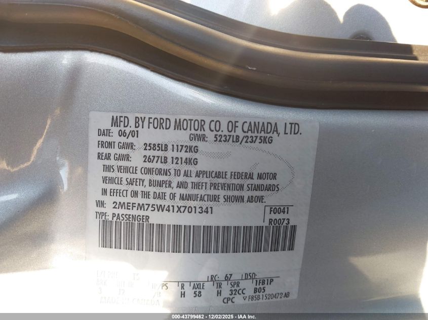 2001 Mercury Grand Marquis Ls VIN: 2MEFM75W41X701341 Lot: 43799462