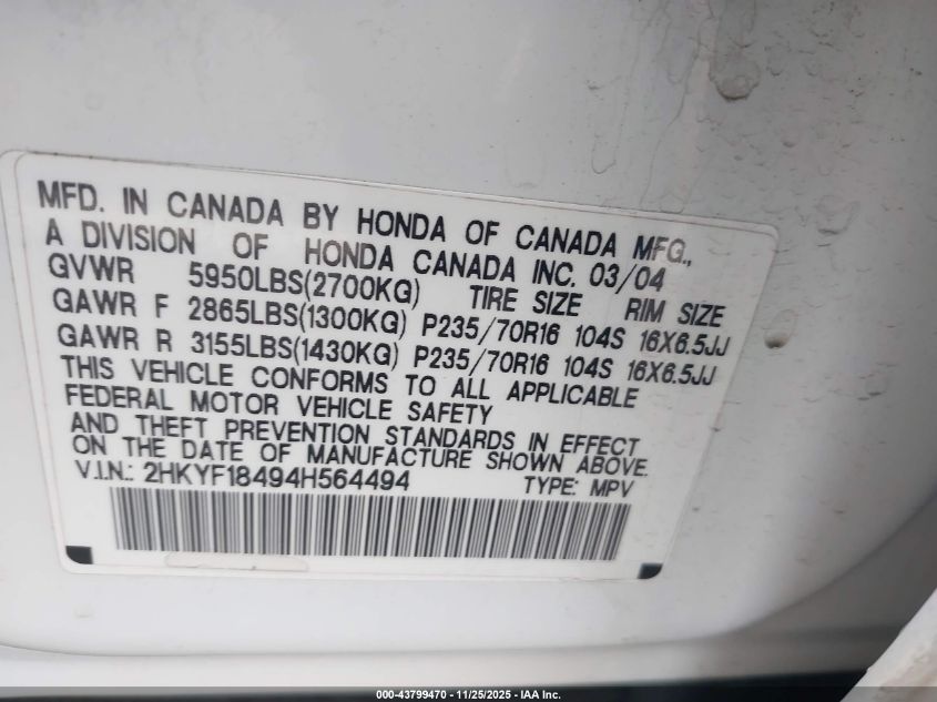 2004 Honda Pilot Ex VIN: 2HKYF18494H564494 Lot: 43799470