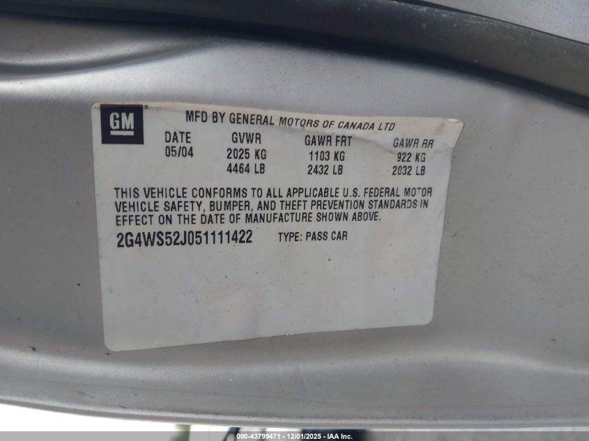 2005 Buick Century VIN: 2G4WS52J051111422 Lot: 43799471