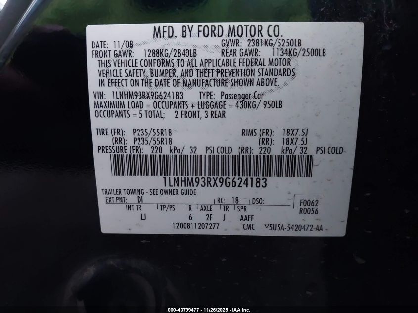 2009 Lincoln Mks VIN: 1LNHM93RX9G624183 Lot: 43799477