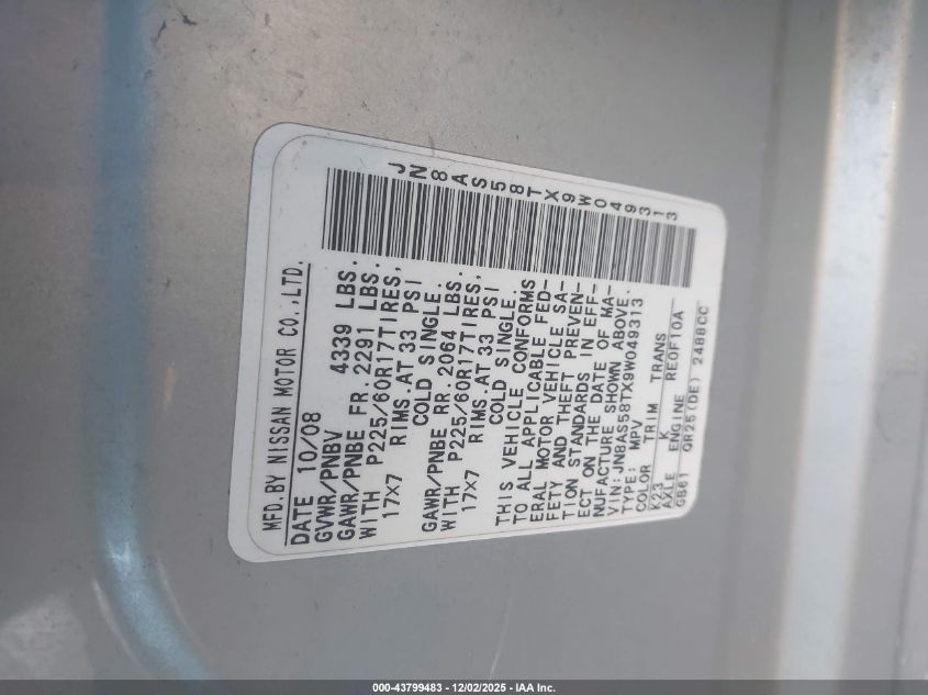 2009 Nissan Rogue Sl VIN: JN8AS58TX9W049313 Lot: 43799483