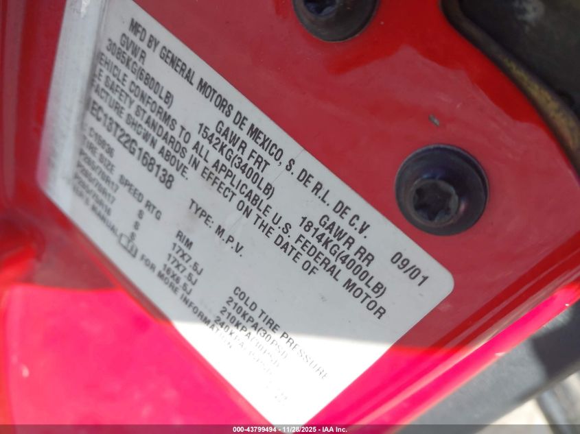 2002 Chevrolet Avalanche 1500 VIN: 3GNEC13T22G168138 Lot: 43799494