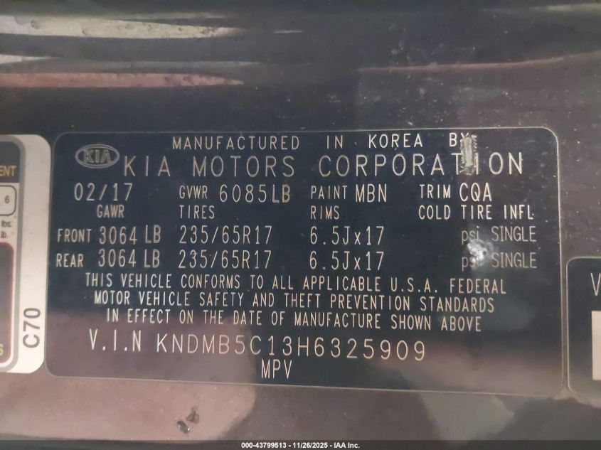 2017 Kia Sedona Lx VIN: KNDMB5C13H6325909 Lot: 43799513