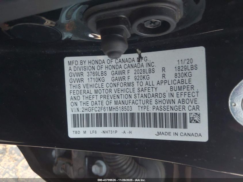 2021 Honda Civic Lx VIN: 2HGFC2F61MH518503 Lot: 43799526