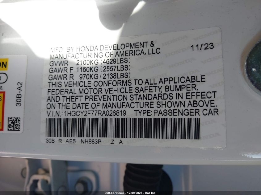 2024 Honda Accord Hybrid Sport-L VIN: 1HGCY2F77RA026819 Lot: 43799533