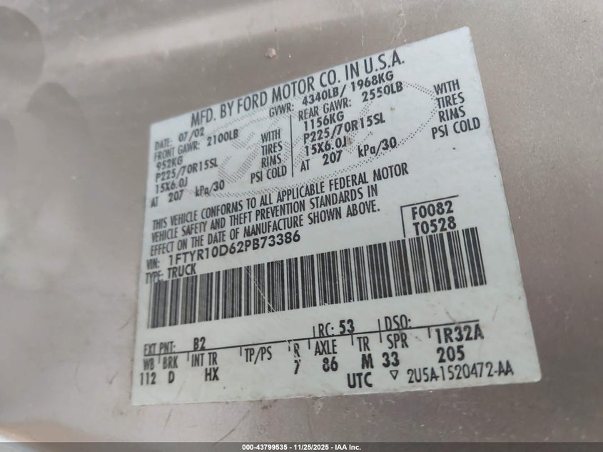 2002 Ford Ranger Xl/Xlt VIN: 1FTYR10D62PB73386 Lot: 43799535