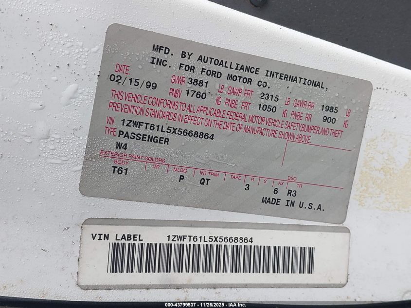 1999 Mercury Cougar V6 VIN: 1ZWFT61L5X5668864 Lot: 43799537