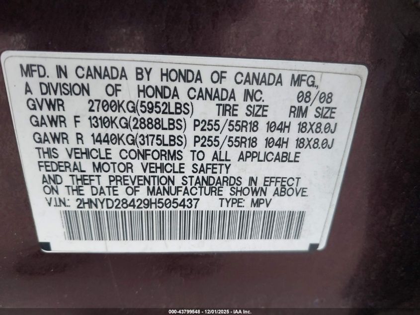 2009 Acura Mdx Technology Package VIN: 2HNYD28429H505437 Lot: 43799548