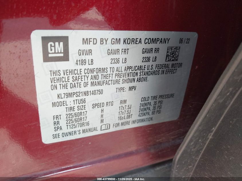 2022 Chevrolet Trailblazer Fwd Lt VIN: KL79MPS21NB140750 Lot: 43799550