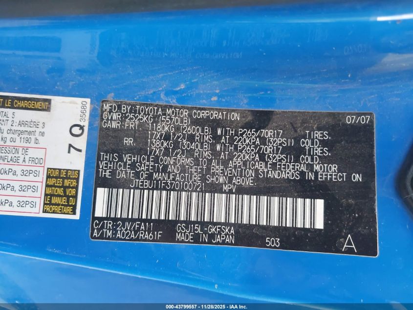 2007 Toyota Fj Cruiser VIN: JTEBU11F370100721 Lot: 43799557