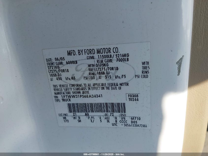 2006 Ford F-350 Lariat/Xl/Xlt VIN: 1FTWW31P56EA34341 Lot: 43799561