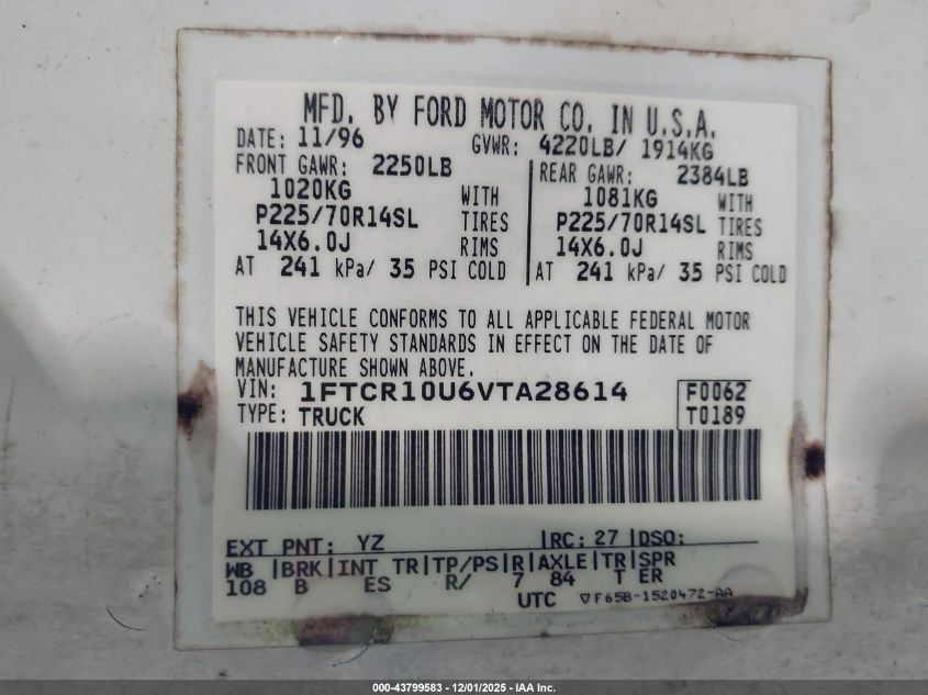 1997 Ford Ranger Splash/Xl/Xlt VIN: 1FTCR10U6VTA28614 Lot: 43799583