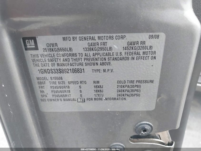 2009 Chevrolet Trailblazer Lt VIN: 1GNDS33S892106831 Lot: 43799590