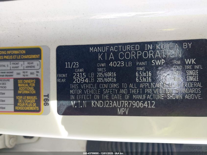 2024 Kia Soul Lx VIN: KNDJ23AU7R7906412 Lot: 43799595