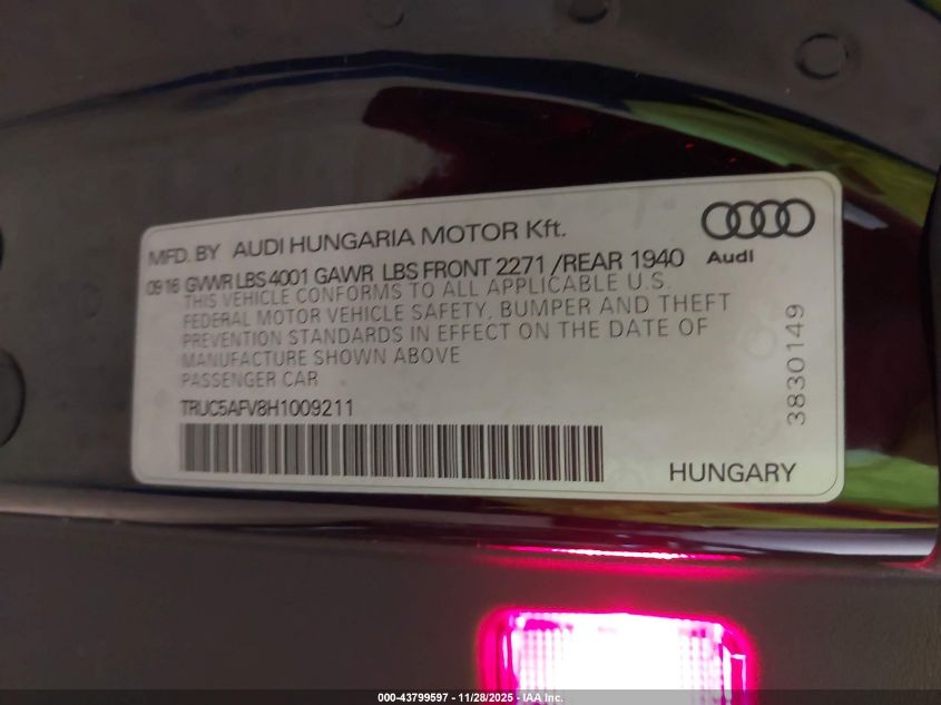 2017 Audi Tt 2.0T VIN: TRUC5AFV8H1009211 Lot: 43799597