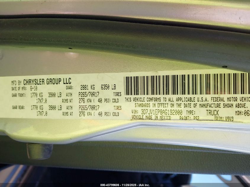 2010 Dodge Ram 1500 Slt/Sport/Trx VIN: 3D7JV1EP8AG192000 Lot: 43799606