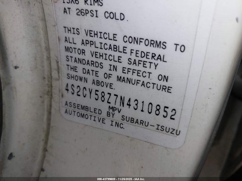 1992 Isuzu Rodeo S/Ls/Xs VIN: 4S2CY58Z7N4310852 Lot: 43799609