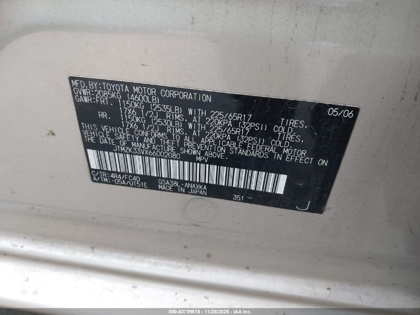 2006 Toyota Rav4 Base V6 VIN: JTMZK33VX66002080 Lot: 43799618