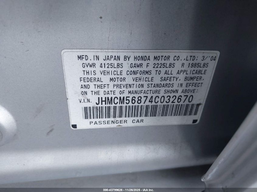 2004 Honda Accord 2.4 Ex VIN: JHMCM56874C032670 Lot: 43799626