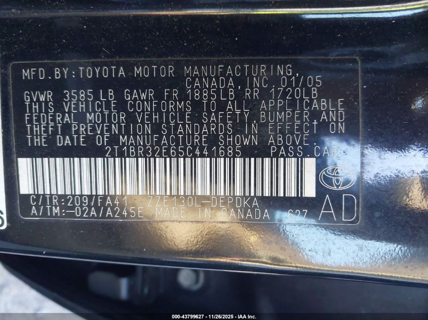 2005 Toyota Corolla Ce VIN: 2T1BR32E65C441685 Lot: 43799627