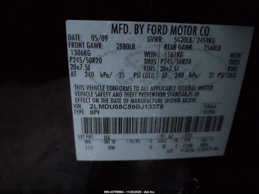 2009 Lincoln Mkx VIN: 2LMDU68C59BJ13378 Lot: 43799664