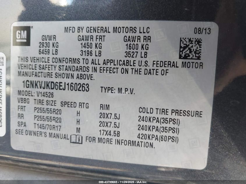 2014 Chevrolet Traverse Ltz VIN: 1GNKVJKD6EJ160263 Lot: 43799665