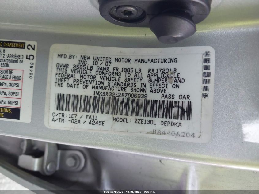 2008 Toyota Corolla Ce VIN: 1NXBR32E28Z006939 Lot: 43799670