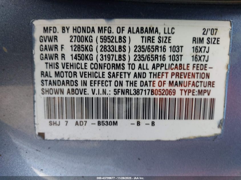 2007 Honda Odyssey Ex-L VIN: 5FNRL38717B052069 Lot: 43799677