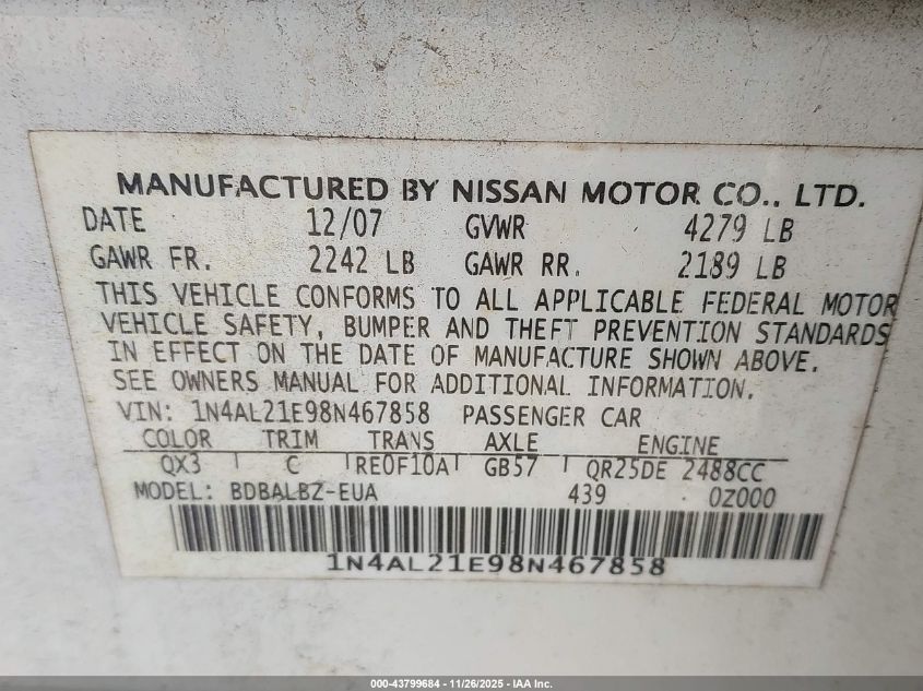 2008 Nissan Altima 2.5 S VIN: 1N4AL21E98N467858 Lot: 43799684
