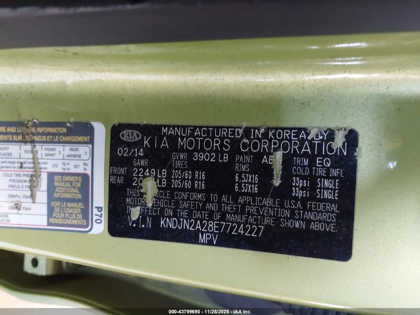 2014 Kia Soul VIN: KNDJN2A28E7724227 Lot: 43799690