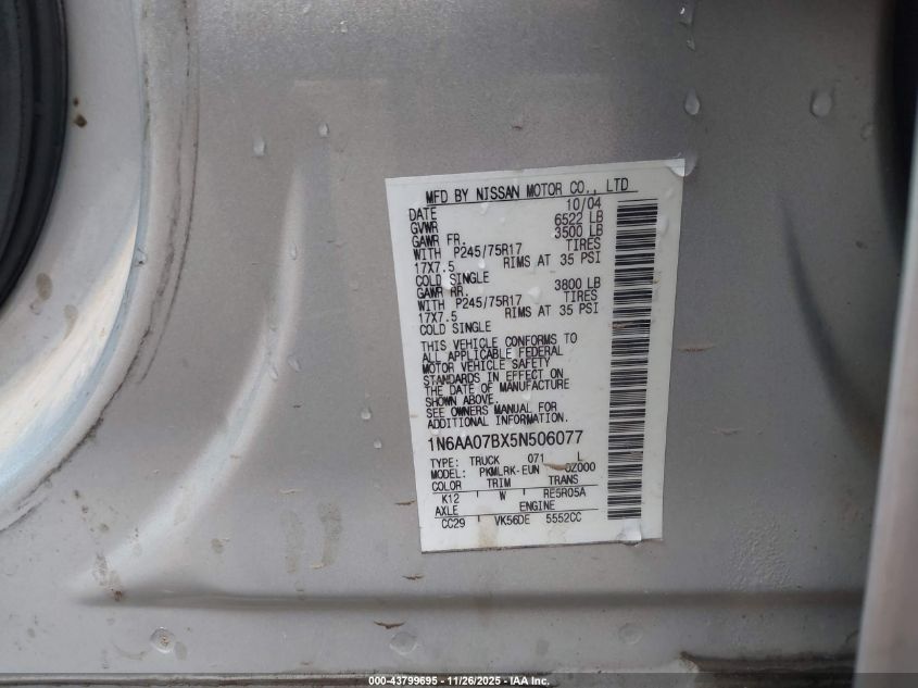 2005 Nissan Titan Xe VIN: 1N6AA07BX5N506077 Lot: 43799695