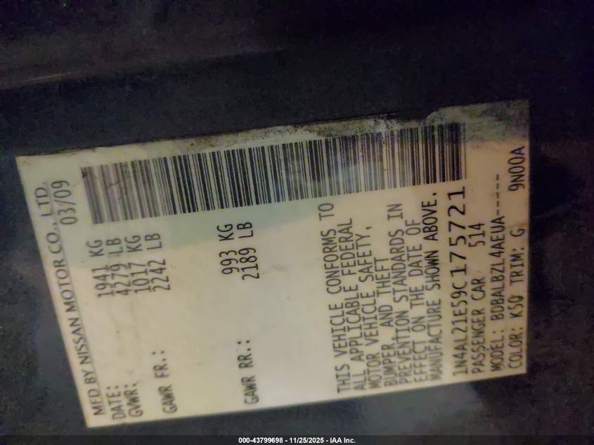 2009 Nissan Altima 2.5 S VIN: 1N4AL21E59C175721 Lot: 43799698