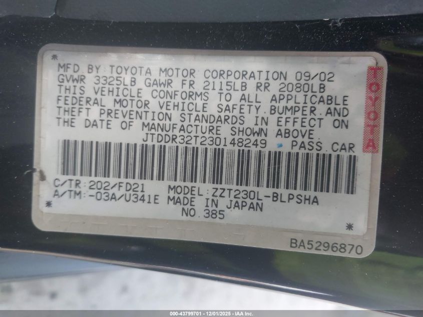 2003 Toyota Celica Gt VIN: JTDDR32T230148249 Lot: 43799701