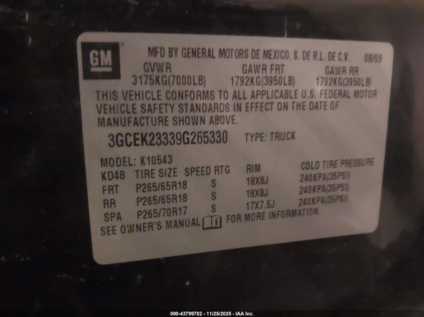 2009 Chevrolet Silverado 1500 Lt VIN: 3GCEK23339G265330 Lot: 43799702