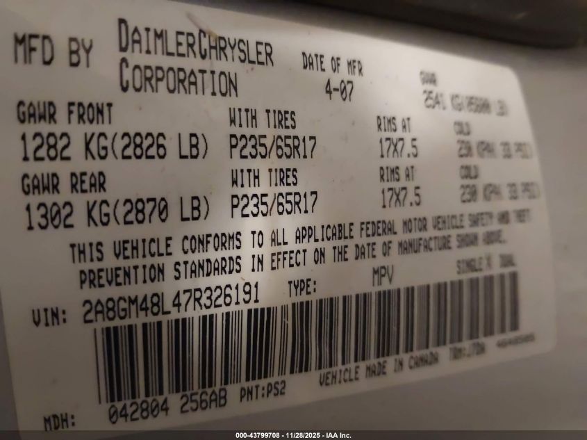 2007 Chrysler Pacifica VIN: 2A8GM48L47R326191 Lot: 43799708
