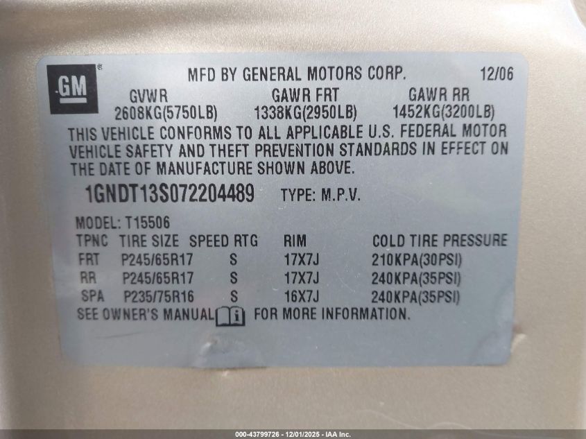 2007 Chevrolet Trailblazer Ls VIN: 1GNDT13S072204489 Lot: 43799726