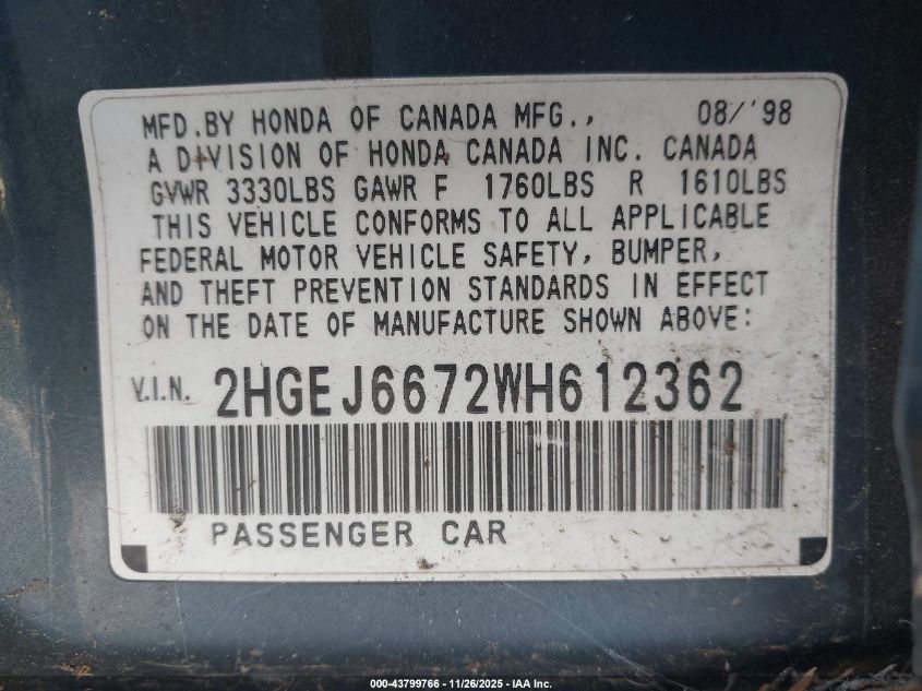 1998 Honda Civic Lx VIN: 2HGEJ6672WH612362 Lot: 43799766